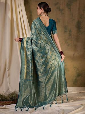 teal blue banarasi art silk saree with stylish weaving pattern  4
