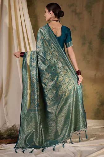 teal blue banarasi art silk saree with stylish weaving pattern 