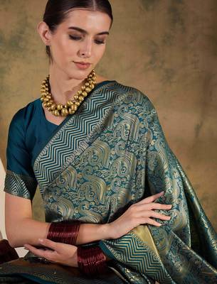 teal blue banarasi art silk saree with stylish weaving pattern  5