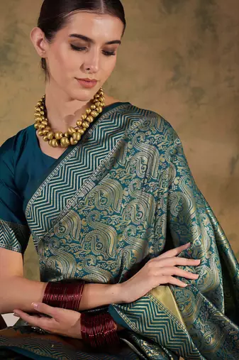 teal blue banarasi art silk saree with stylish weaving pattern 