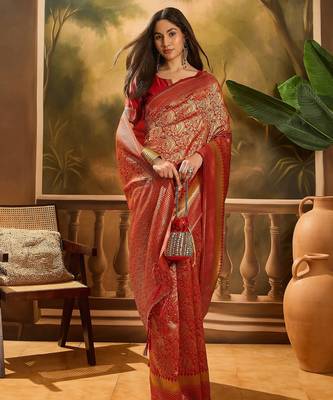 vibrant red banarasi art silk saree with premium weaving art  1