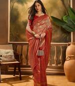 vibrant red banarasi art silk saree with premium weaving art 