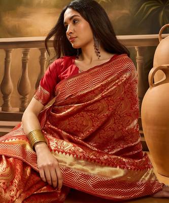 vibrant red banarasi art silk saree with premium weaving art  2