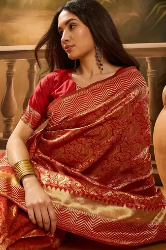 vibrant red banarasi art silk saree with premium weaving art 