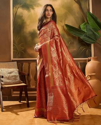 vibrant red banarasi art silk saree with premium weaving art  3