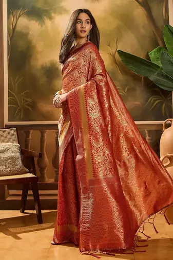 vibrant red banarasi art silk saree with premium weaving art 