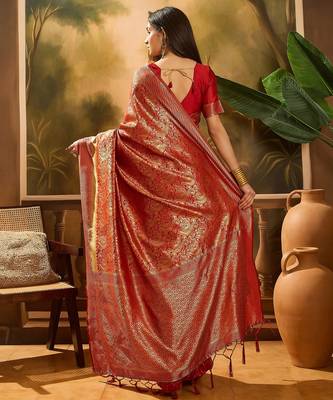 vibrant red banarasi art silk saree with premium weaving art  4