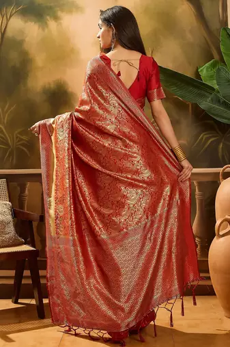 vibrant red banarasi art silk saree with premium weaving art 