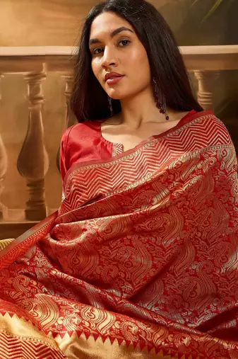 vibrant red banarasi art silk saree with premium weaving art 