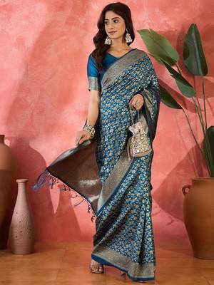 petrol blue banarasi art silk saree with exclusive weaving craft  1