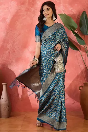 petrol blue banarasi art silk saree with exclusive weaving craft 