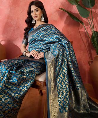 petrol blue banarasi art silk saree with exclusive weaving craft  2