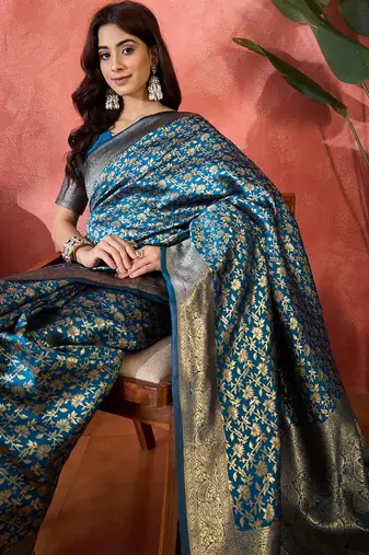 petrol blue banarasi art silk saree with exclusive weaving craft 