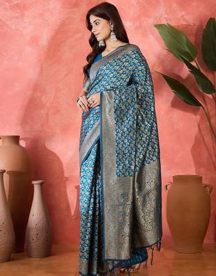 petrol blue banarasi art silk saree with exclusive weaving craft  3