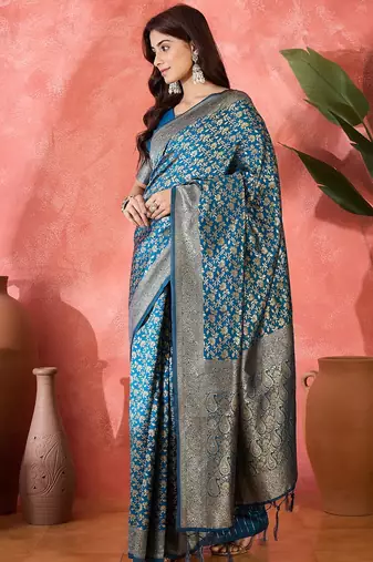petrol blue banarasi art silk saree with exclusive weaving craft 