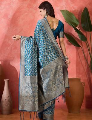 petrol blue banarasi art silk saree with exclusive weaving craft  4