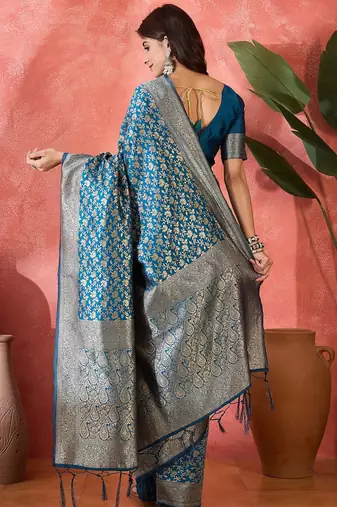 petrol blue banarasi art silk saree with exclusive weaving craft 