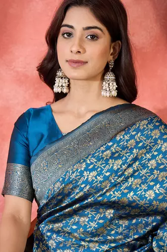 petrol blue banarasi art silk saree with exclusive weaving craft 
