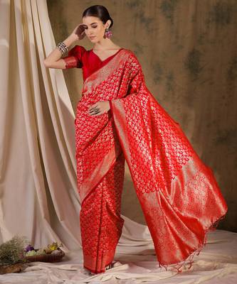 festive red banarasi art silk saree with ornate weaving work  1