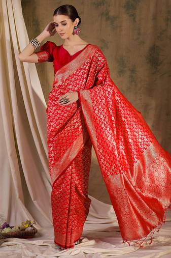 festive red banarasi art silk saree with ornate weaving work 