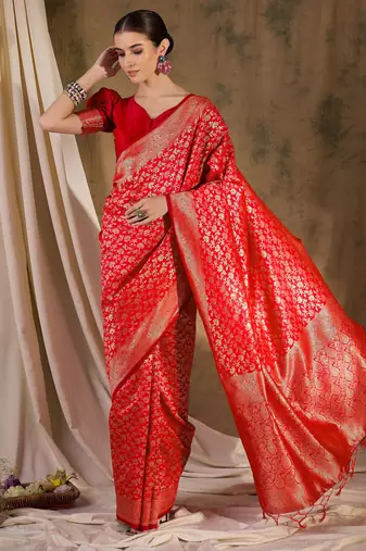 festive red banarasi art silk saree with ornate weaving work 