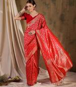 festive red banarasi art silk saree with ornate weaving work 