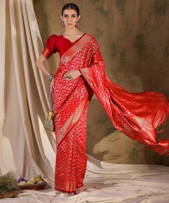 festive red banarasi art silk saree with ornate weaving work  2