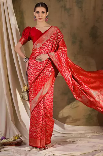 festive red banarasi art silk saree with ornate weaving work 