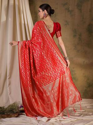 festive red banarasi art silk saree with ornate weaving work  3