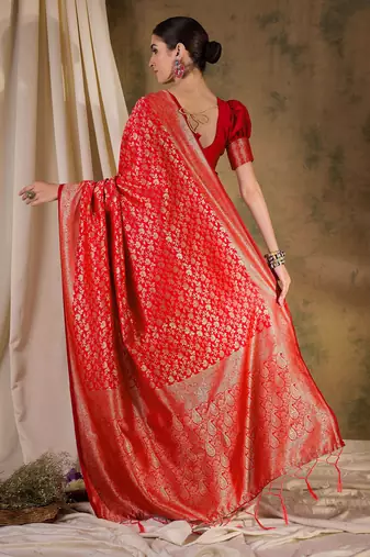festive red banarasi art silk saree with ornate weaving work 
