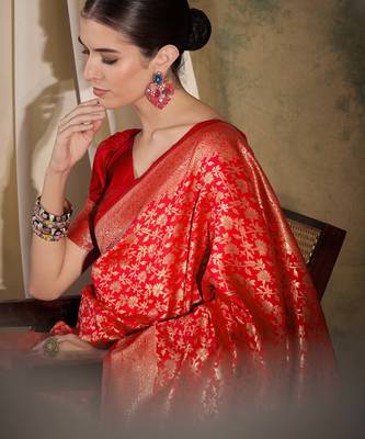 festive red banarasi art silk saree with ornate weaving work  4