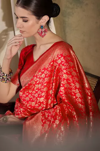 festive red banarasi art silk saree with ornate weaving work 