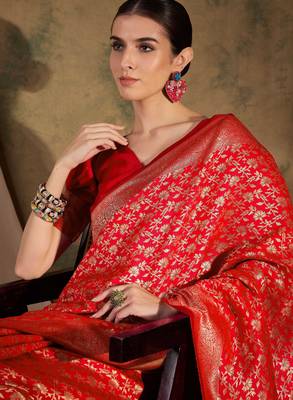 festive red banarasi art silk saree with ornate weaving work  5