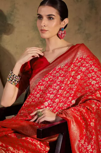 festive red banarasi art silk saree with ornate weaving work 