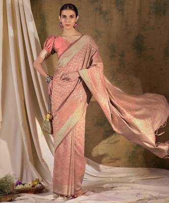 peach banarasi art silk saree with delicate weaving details  1