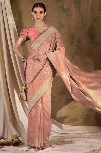 peach banarasi art silk saree with delicate weaving details 