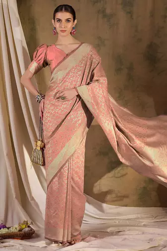 peach banarasi art silk saree with delicate weaving details 
