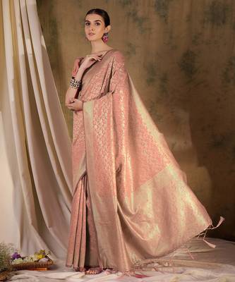 peach banarasi art silk saree with delicate weaving details  2