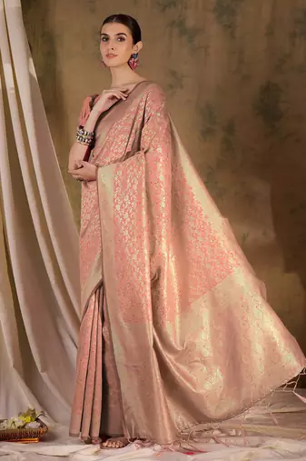 peach banarasi art silk saree with delicate weaving details 