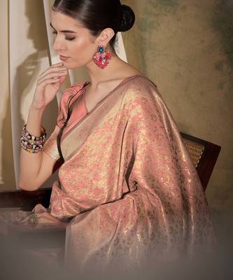 peach banarasi art silk saree with delicate weaving details  3