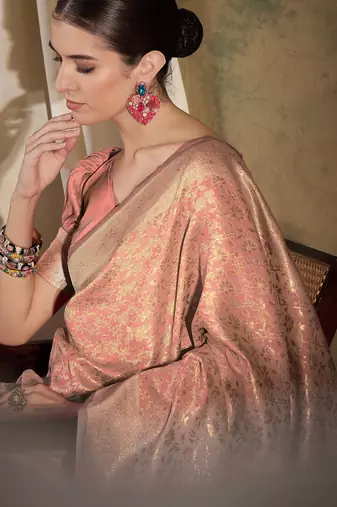 peach banarasi art silk saree with delicate weaving details 