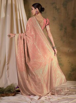 peach banarasi art silk saree with delicate weaving details  4