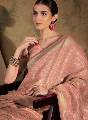 peach banarasi art silk saree with delicate weaving details  5