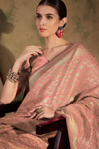 peach banarasi art silk saree with delicate weaving details 