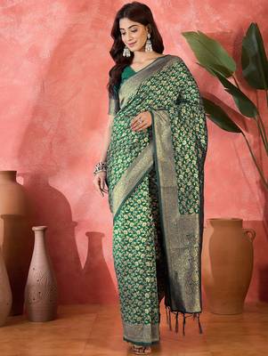 green banarasi art silk saree with elegant weaving motifs  1