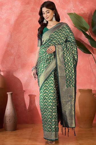green banarasi art silk saree with elegant weaving motifs 
