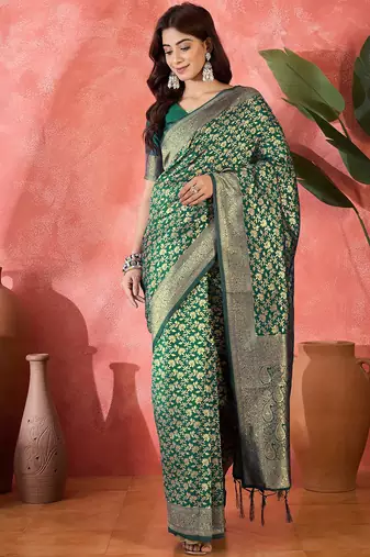 green banarasi art silk saree with elegant weaving motifs 