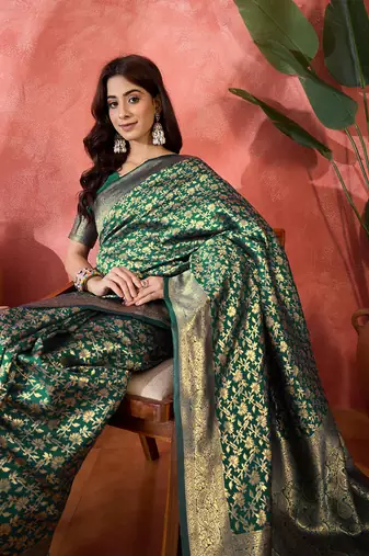 green banarasi art silk saree with elegant weaving motifs 