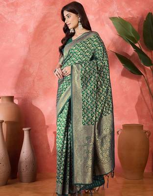 green banarasi art silk saree with elegant weaving motifs  3