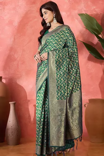 green banarasi art silk saree with elegant weaving motifs 